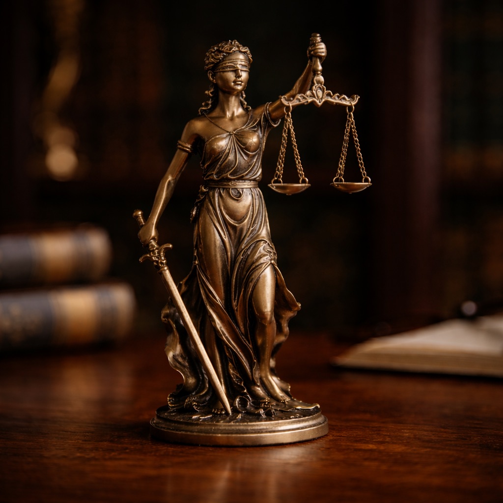 Figurka Temidy — symbol sprawiedliwości, na biurku prawniczym
